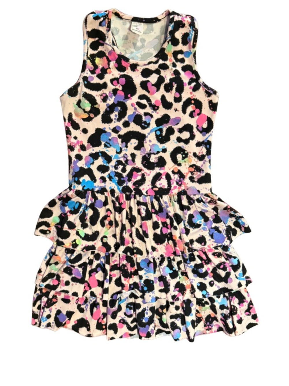 Too Sweet Girls Neon Splatter Leopard Tiered Ruffle Tank Dress Size 6X EUC